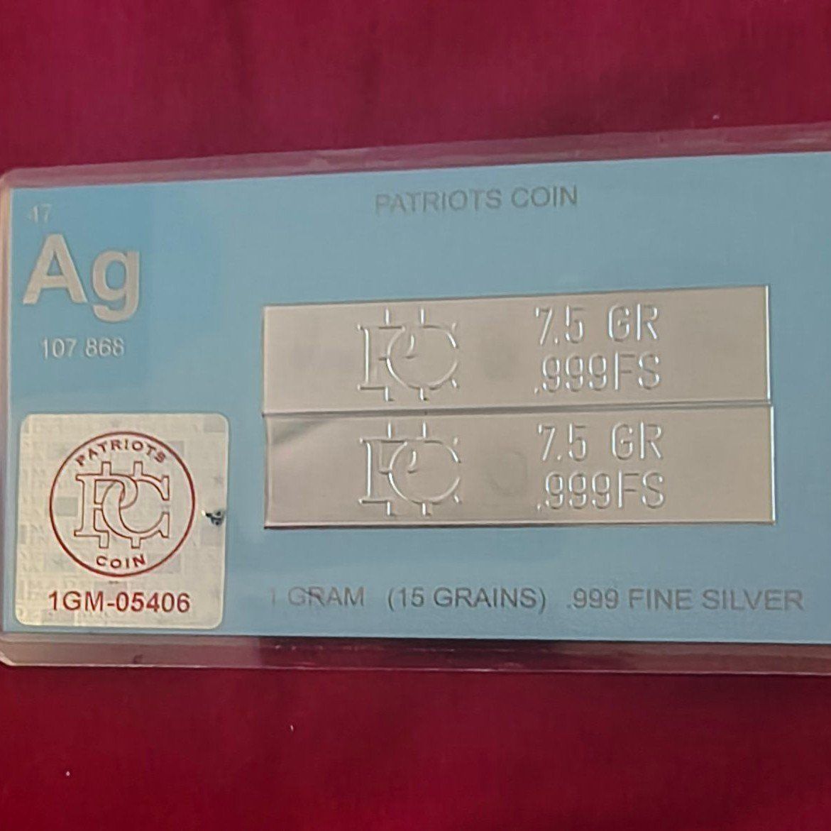 Patriots Coin 1 Gram (15 Grains) .999 Fine Silver Bullion Bar in Protective Card