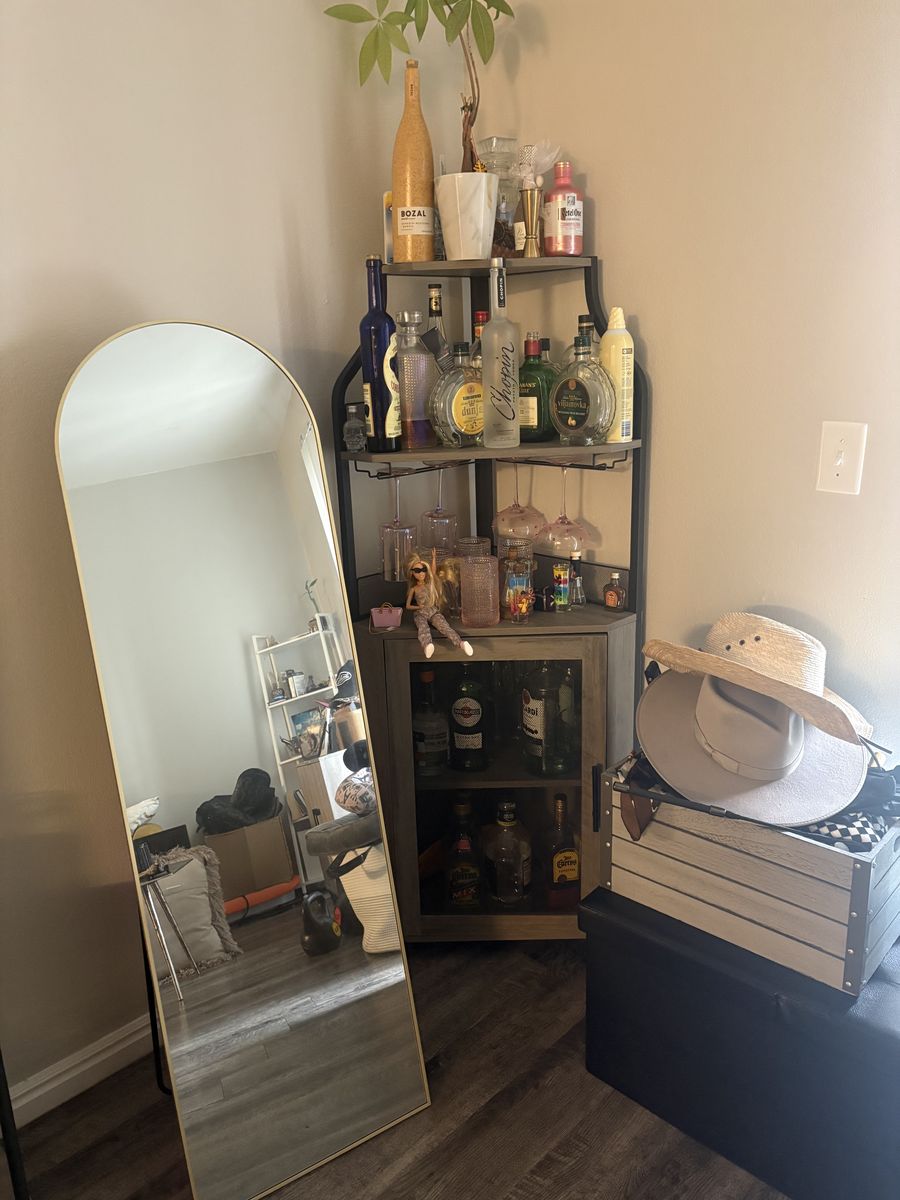 Corner Bar Cabinet with Wine Glass Rack – Rustic Gray & Black