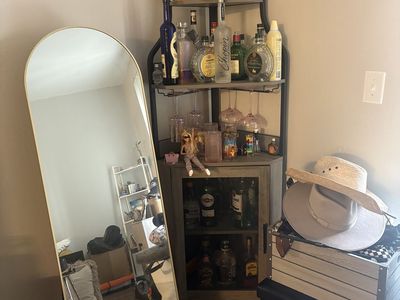 Corner Bar Cabinet with Wine Glass Rack – Rustic Gray & Black