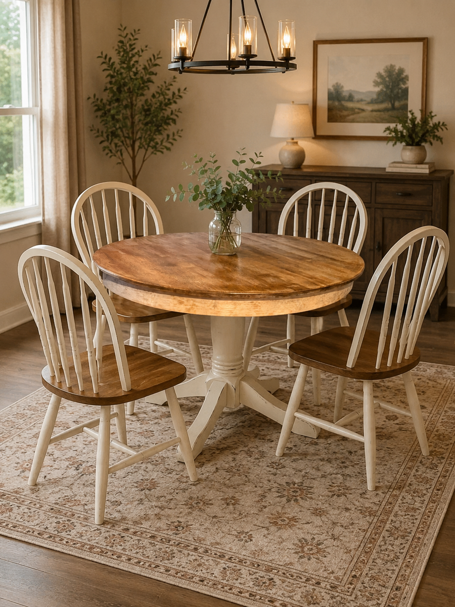 Rustic Farmhouse Round Pedestal Dining Table. Two toned Wood