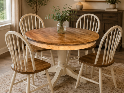 Rustic Farmhouse Round Pedestal Dining Table. Two toned Wood
