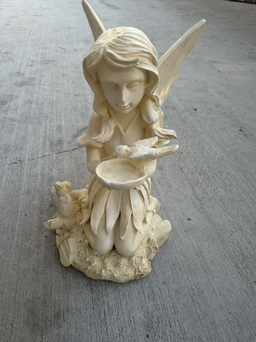 Cream Fairy Garden Statue Holding Bird and Bowl
