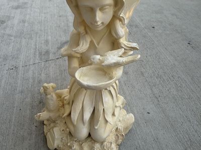 Cream Fairy Garden Statue Holding Bird and Bowl