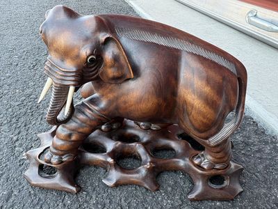 Stunning vintage mid century hand carved wooden elephant w/ carved base