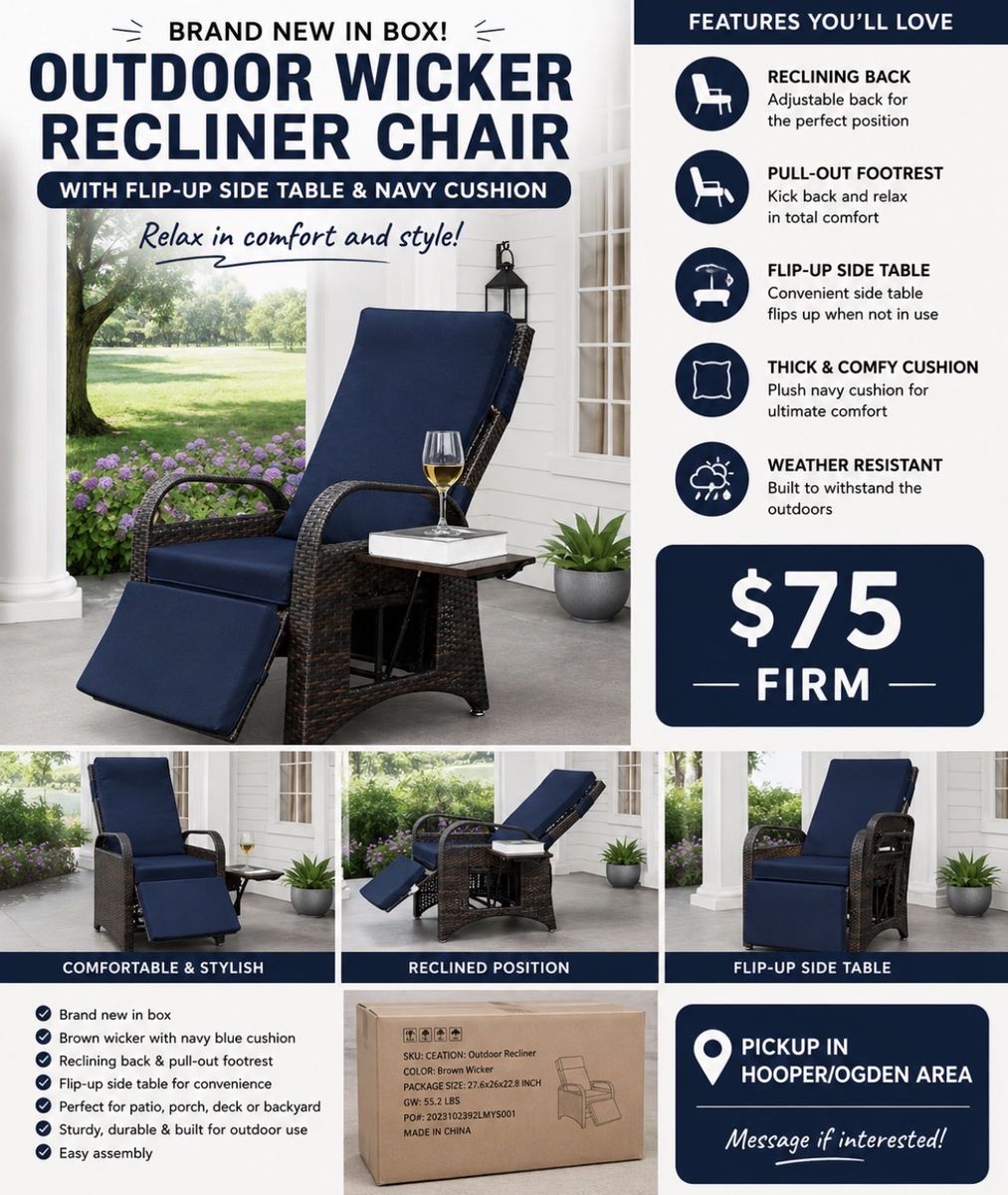 New CEATION Outdoor Wicker Recliner Chair w/ Navy Cushion & Flip-Up Side Table, Weather Resistant