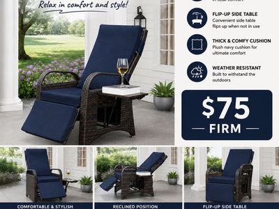 New CEATION Outdoor Wicker Recliner Chair w/ Navy Cushion & Flip-Up Side Table, Weather Resistant