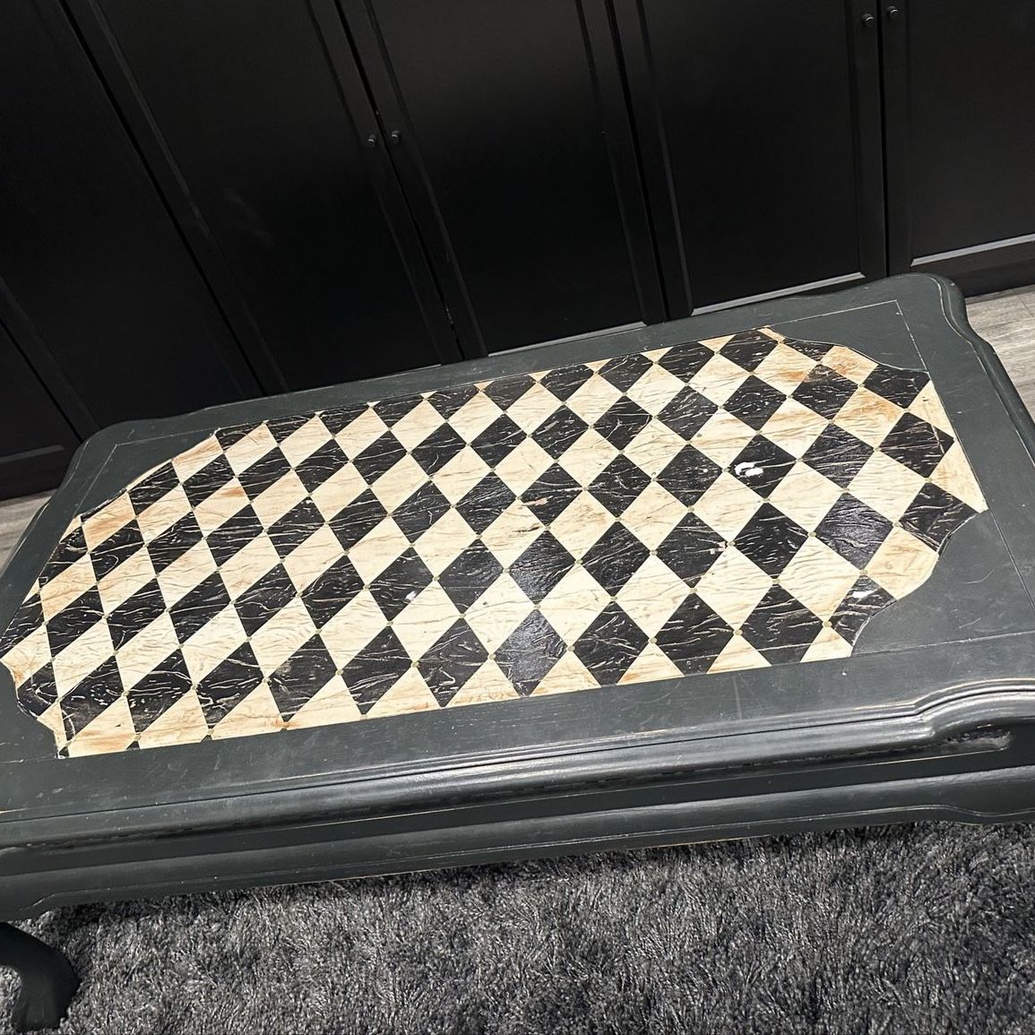Black Distressed French Country Coffee Table with Diamond Harlequin Inlay Top