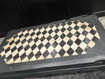 Black Distressed French Country Coffee Table with Diamond Harlequin Inlay Top
