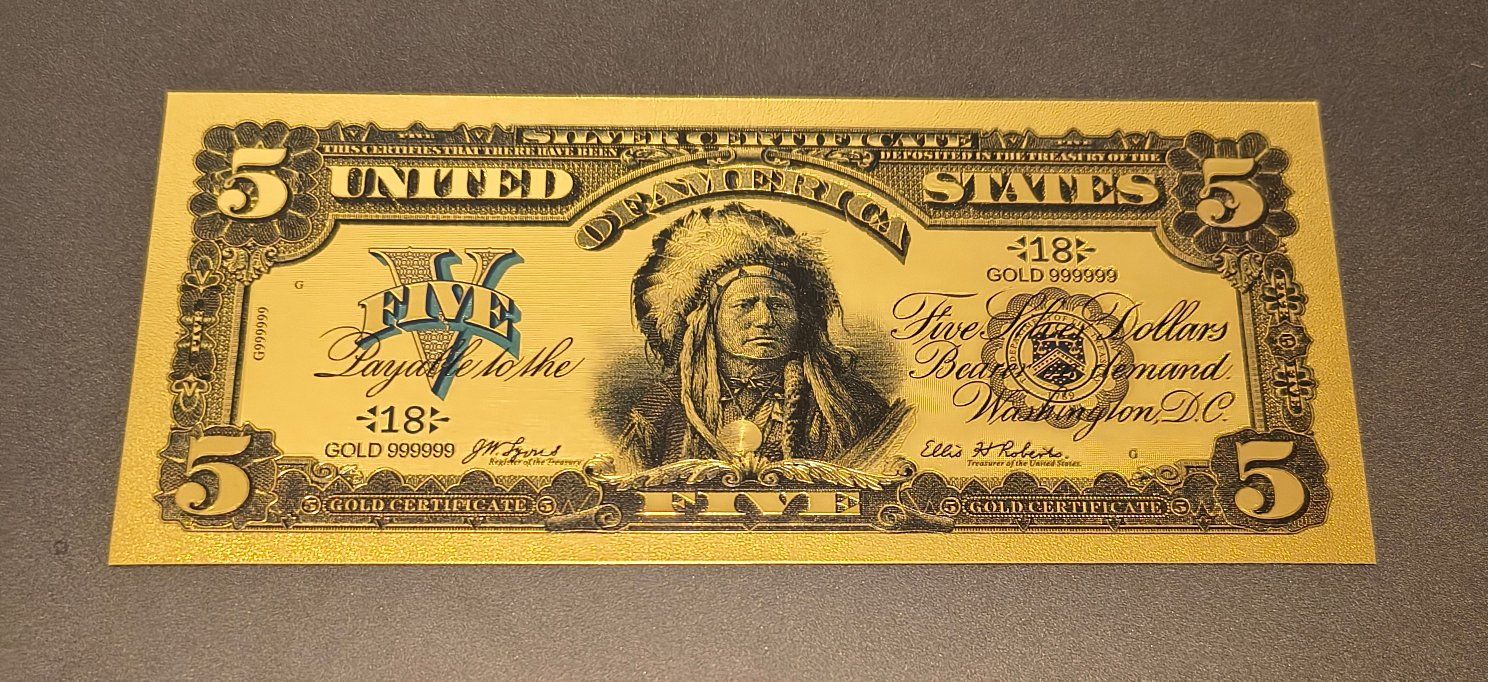 24K Gold Foil Plated 1899 $5 Chief On Indian Head Banknote Replica Gold Certificate