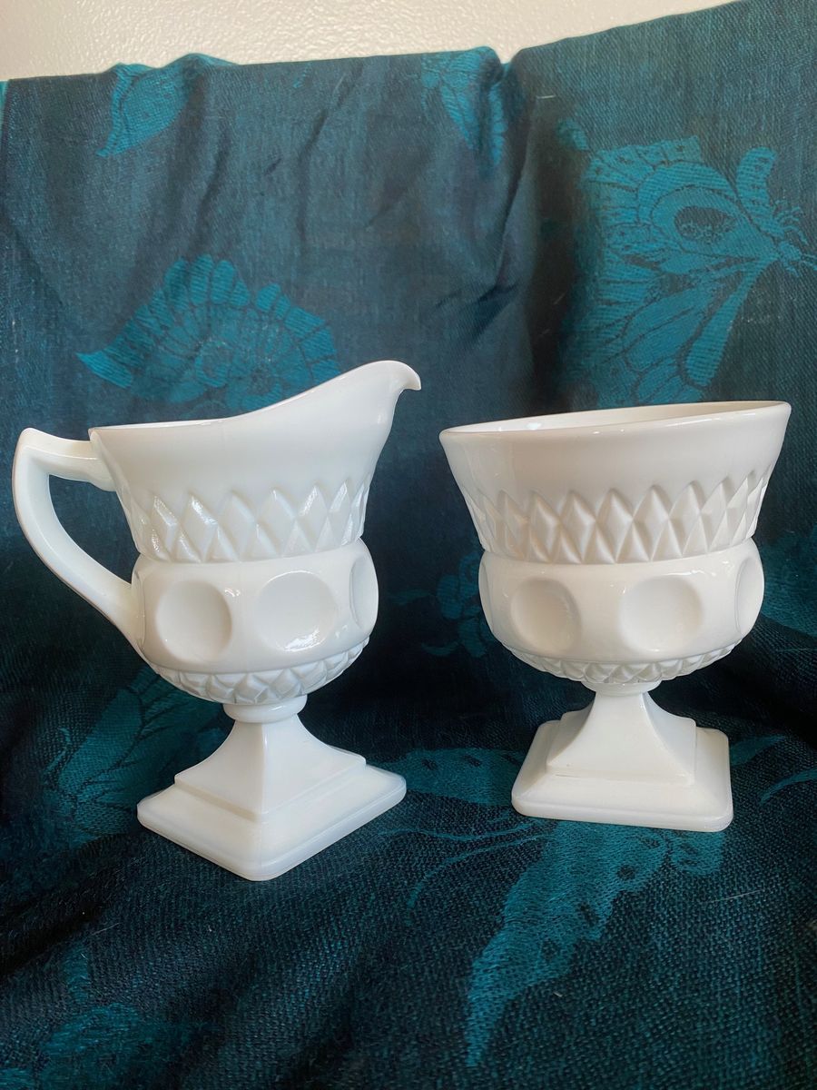 Collectible Vintage McKee Milk Glass Plymouth or Thumbprint Sugar and Creamer
