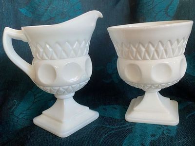 Collectible Vintage McKee Milk Glass Plymouth or Thumbprint Sugar and Creamer