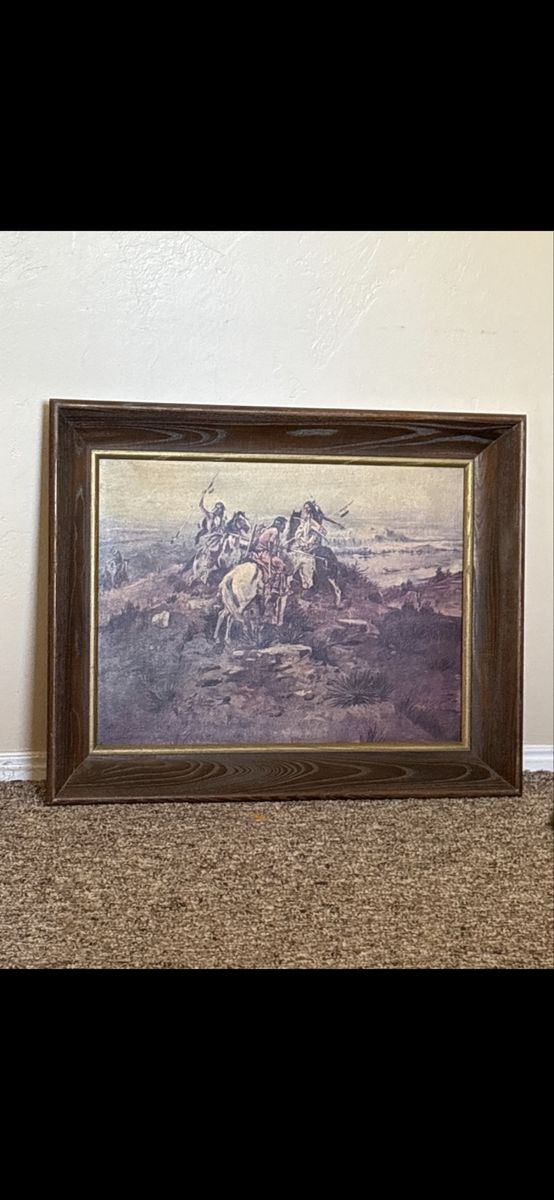 Vintage Western Art Print, Framed Native American Riders on Horseback Landscape