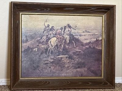Vintage Western Art Print, Framed Native American Riders on Horseback Landscape