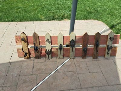 Rustic Wood Picket Fence Coat/Key Rack with Decorative Metal Hooks - Farmhouse Decor
