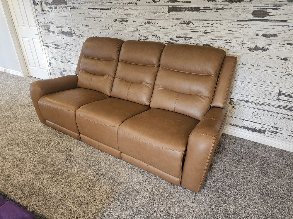 Brown Top Grain Leather Reclining Sofa Couch with Power Recline and Adjustable Headrests