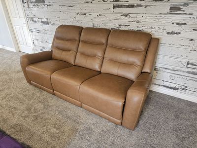 Brown Top Grain Leather Reclining Sofa Couch with Power Recline and Adjustable Headrests
