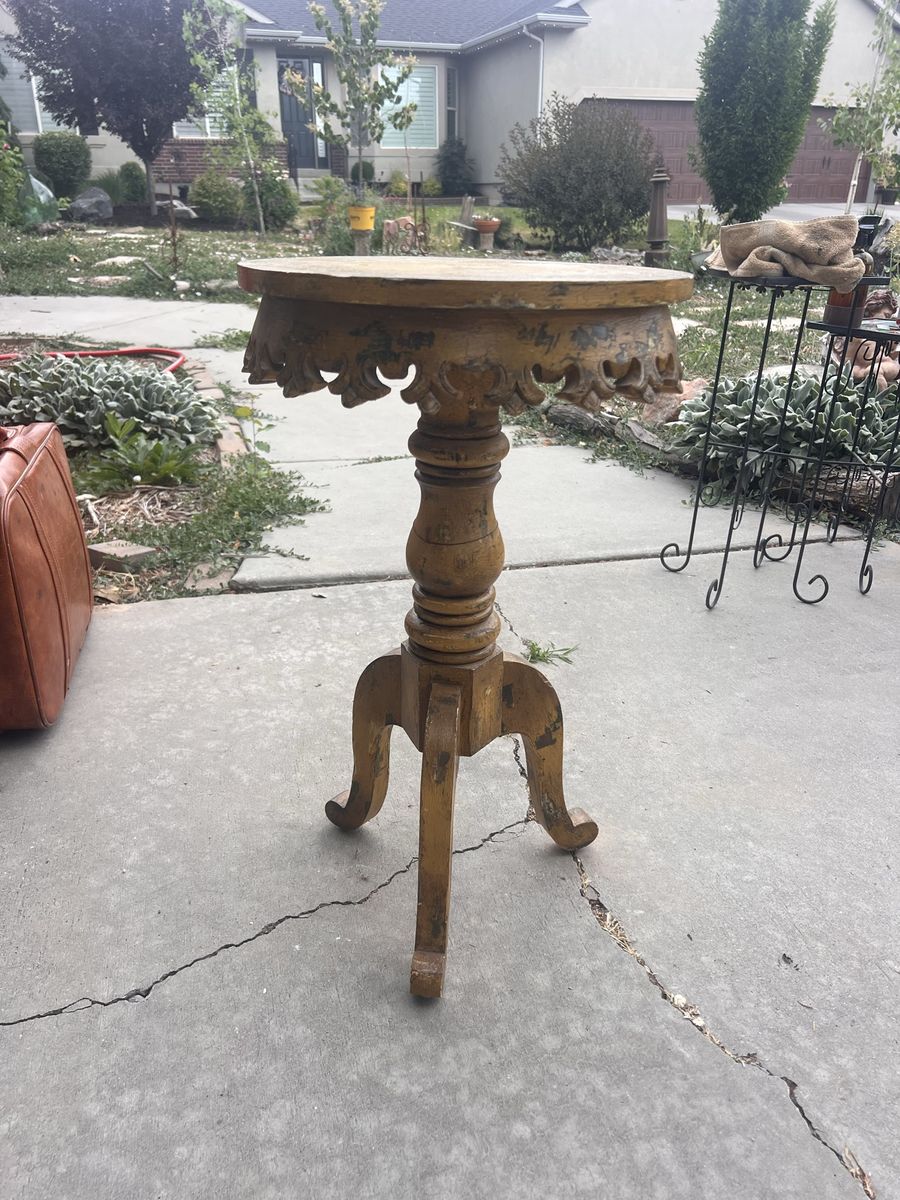 Vintage Hand-Carved Pedestal Table - Ornate Mustard Yellow Accent Furniture
