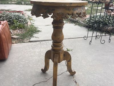 Vintage Hand-Carved Pedestal Table - Ornate Mustard Yellow Accent Furniture