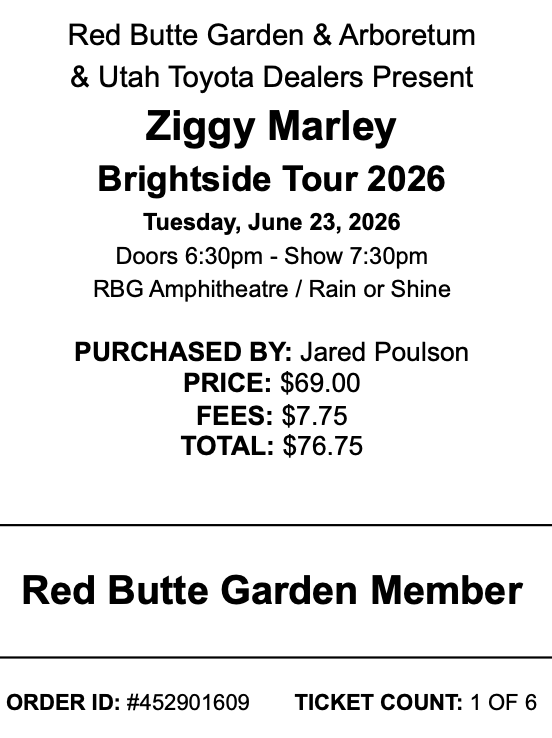 Ziggy Marley at Red Butte 2 GA tickets