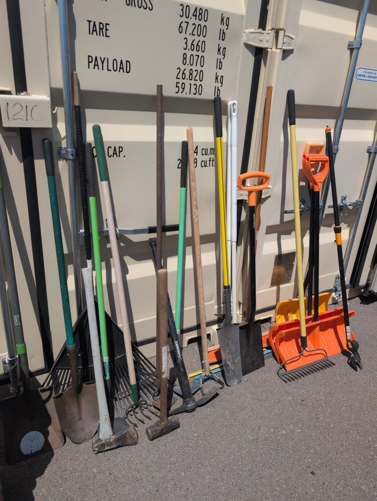 Large Lot of Used Garden & Yard Tools - Shovels, Rakes, Picks, & More (15+ Items)