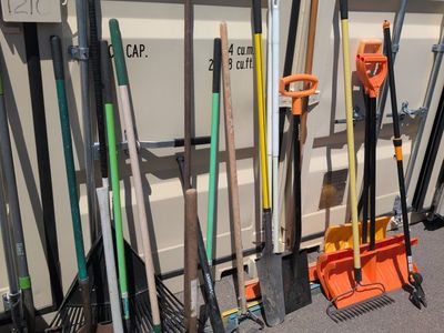 Large Lot of Used Garden & Yard Tools - Shovels, Rakes, Picks, & More (15+ Items)