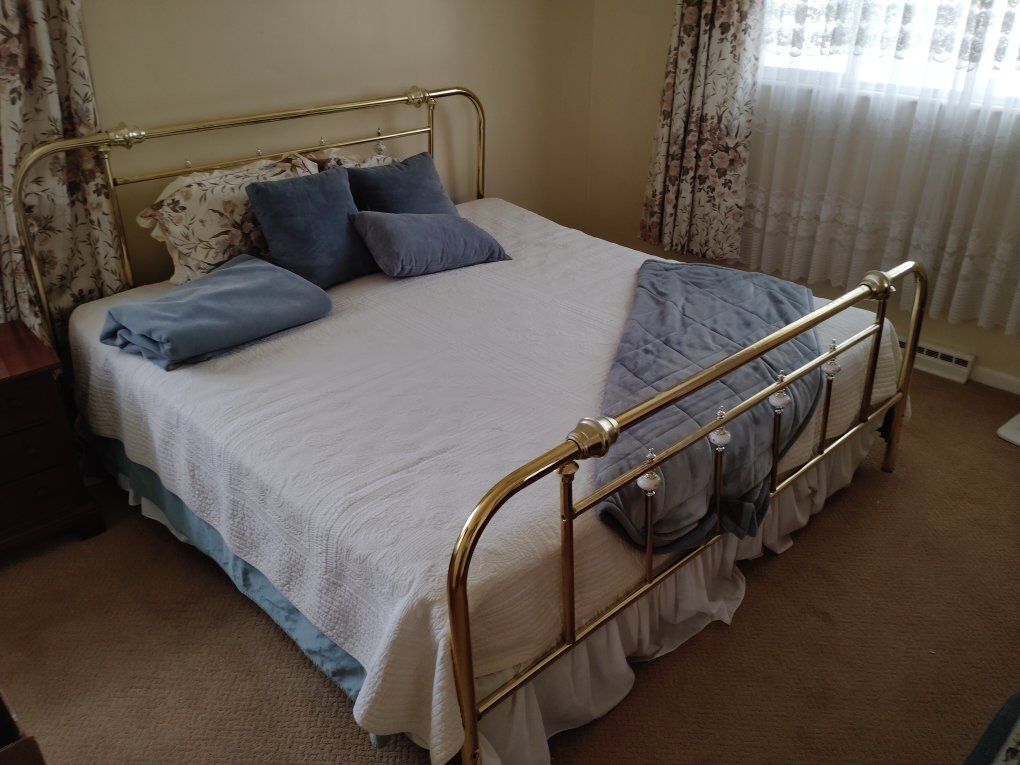 Vintage Brass Metal Bed Frame with Floral Ceramic Accents - Headboard and Footboard