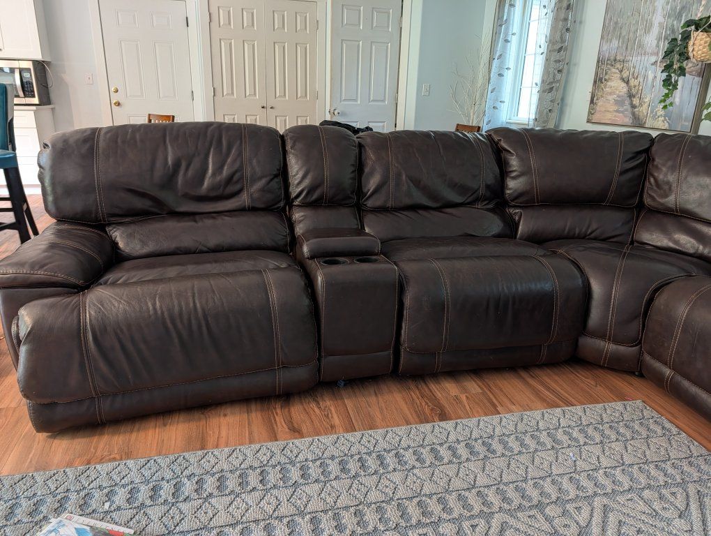 RC Willey- Dark Brown Leather Reclining Sectional Sofa with Storage Console & Cup Holders