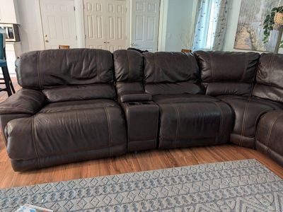 RC Willey- Dark Brown Leather Reclining Sectional Sofa with Storage Console & Cup Holders