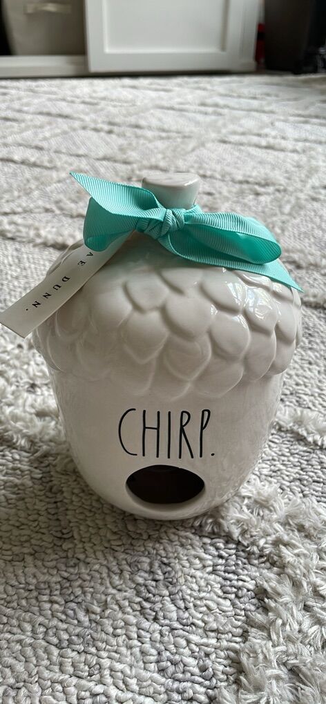 Rae Dunn White Acorn Birdhouse Chirp Blue Bow