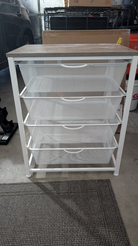 Mesh Storage Cabinet with Wood Top - 4 Drawer Unit, White/Wood Grain