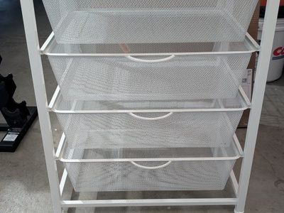 Mesh Storage Cabinet with Wood Top - 4 Drawer Unit, White/Wood Grain