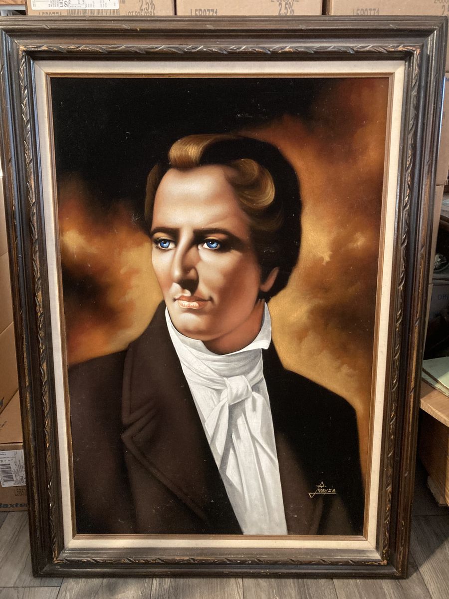 Large framed painting of Joseph Smith on velvet