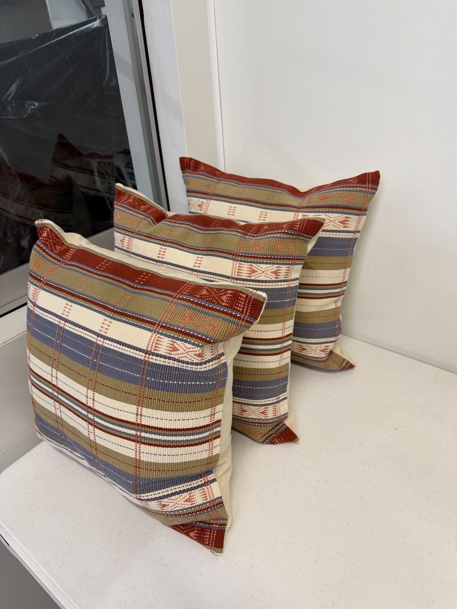 Set of 3 Southwestern Plaid Throw Pillows - Rust, Blue, Tan Woven Decorative Cushions