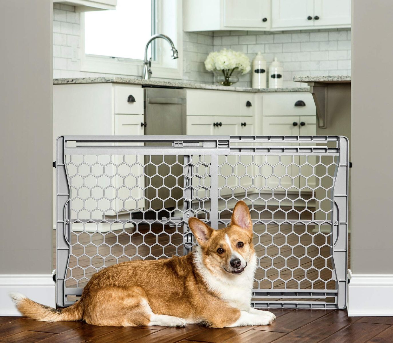 Carlson Pet Easy Fit Portable Pet Gate, Fits Openings 28-42 Wide, 23 Tall, Rubber Pads to Protect Walls, Durable Dog Gate for