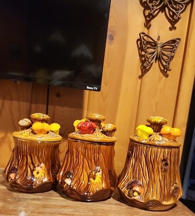 Vintage 1970's Ceramic Mushroom Canister Set of 3- Rustic Tree Stump Design, Colorful Fungi Lids, and flowers.