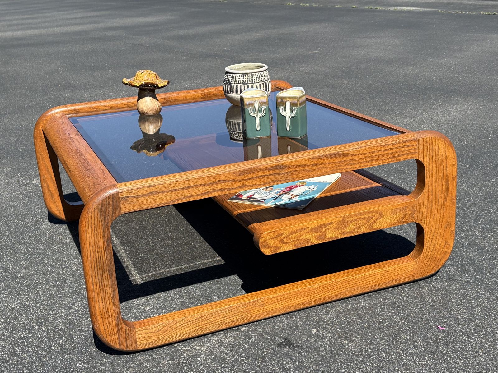 Beautiful Lou Hodges Coffee Table. Mid Century Modern  wood and beveled smoked glass  MCM