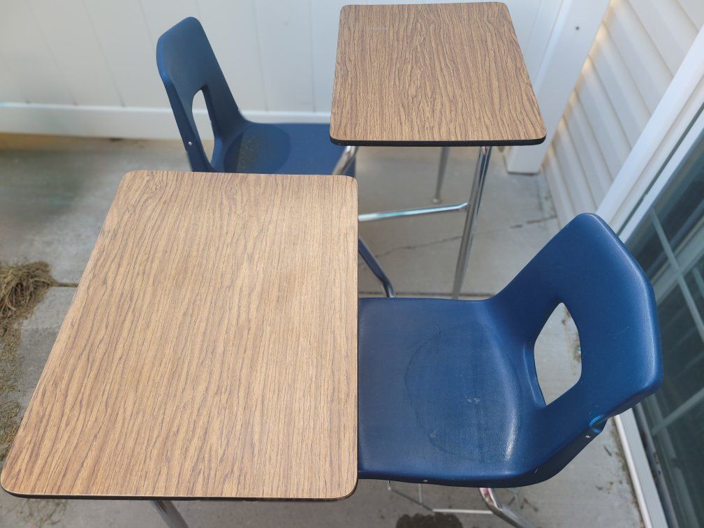 School Desk Combo Units with Blue Molded Seats and Wood-Grain Tops (Set of 2)