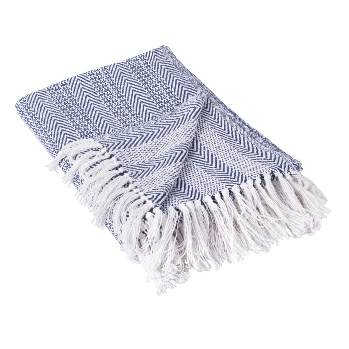 Herringbone Fringed Throw Blanket - Blue & White, 50x60 Inches, Cotton Blend