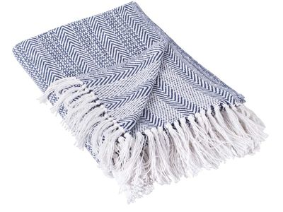 Herringbone Fringed Throw Blanket - Blue & White, 50x60 Inches, Cotton Blend