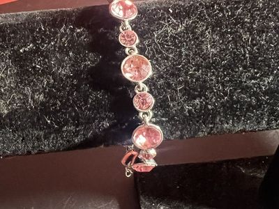Sparkling Silver-Tone Pink Rhinestone Bracelet, Adjustable