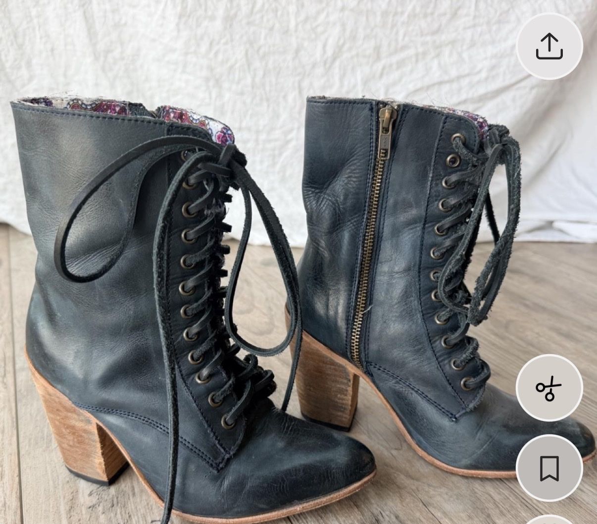 Freebird Rebel Navy Pointed Toe Laced Up Leather Boots Wooden Heel