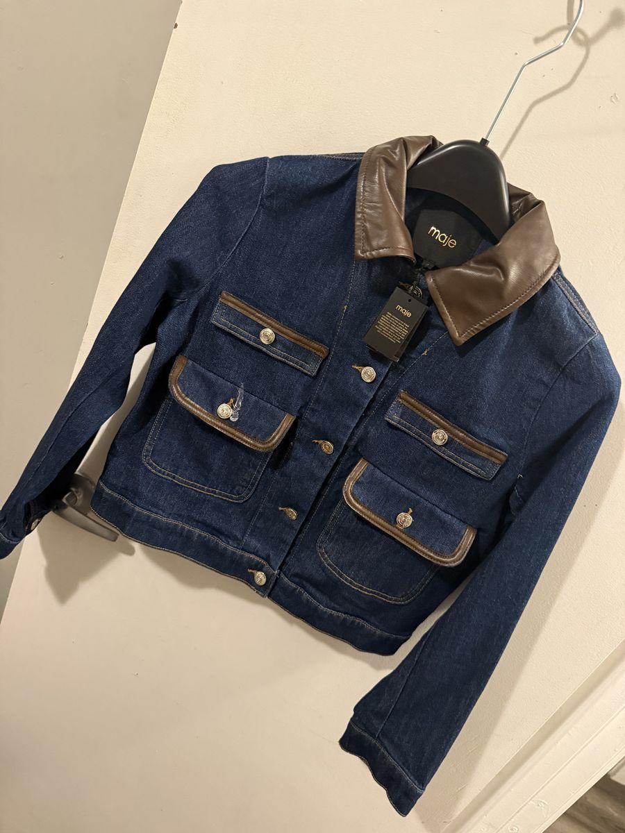 Maje Dark Wash Denim Jacket with Faux Leather Collar & Trim - New with Tags, Size Small