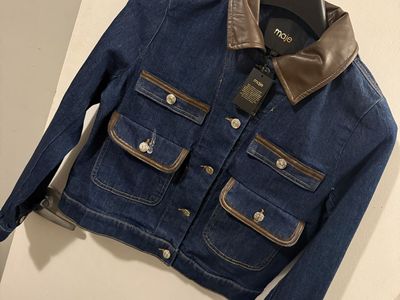 Maje Dark Wash Denim Jacket with Faux Leather Collar & Trim - New with Tags, Size Small