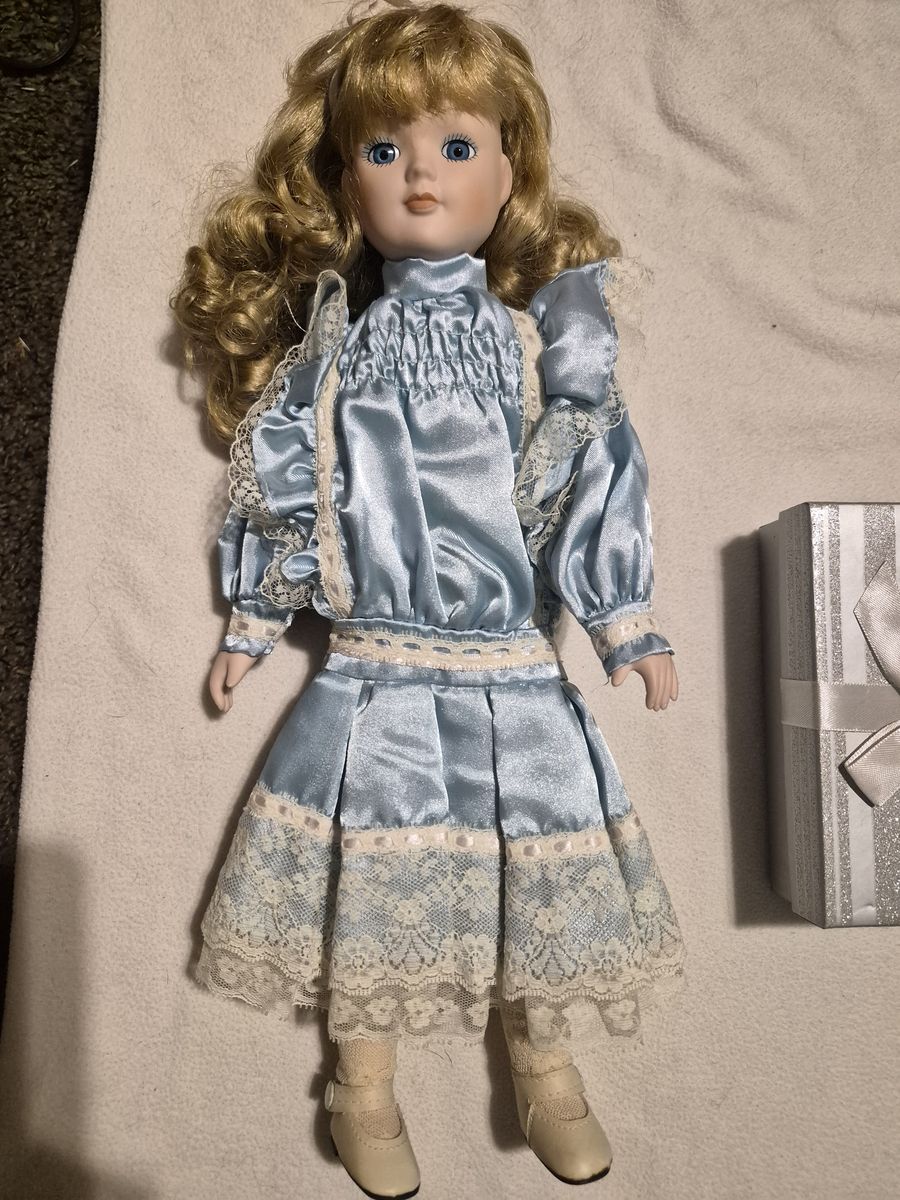 Vintage Porcelain Doll Blue Dress Blonde Hair Blue Eyes Collector Decorative Doll