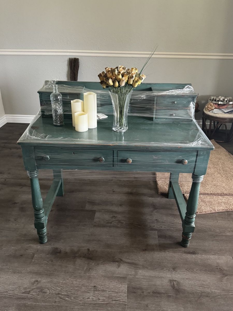 Vintage-Style Teal Wood Writing Desk with Drawers