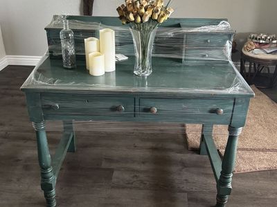 Vintage-Style Teal Wood Writing Desk with Drawers