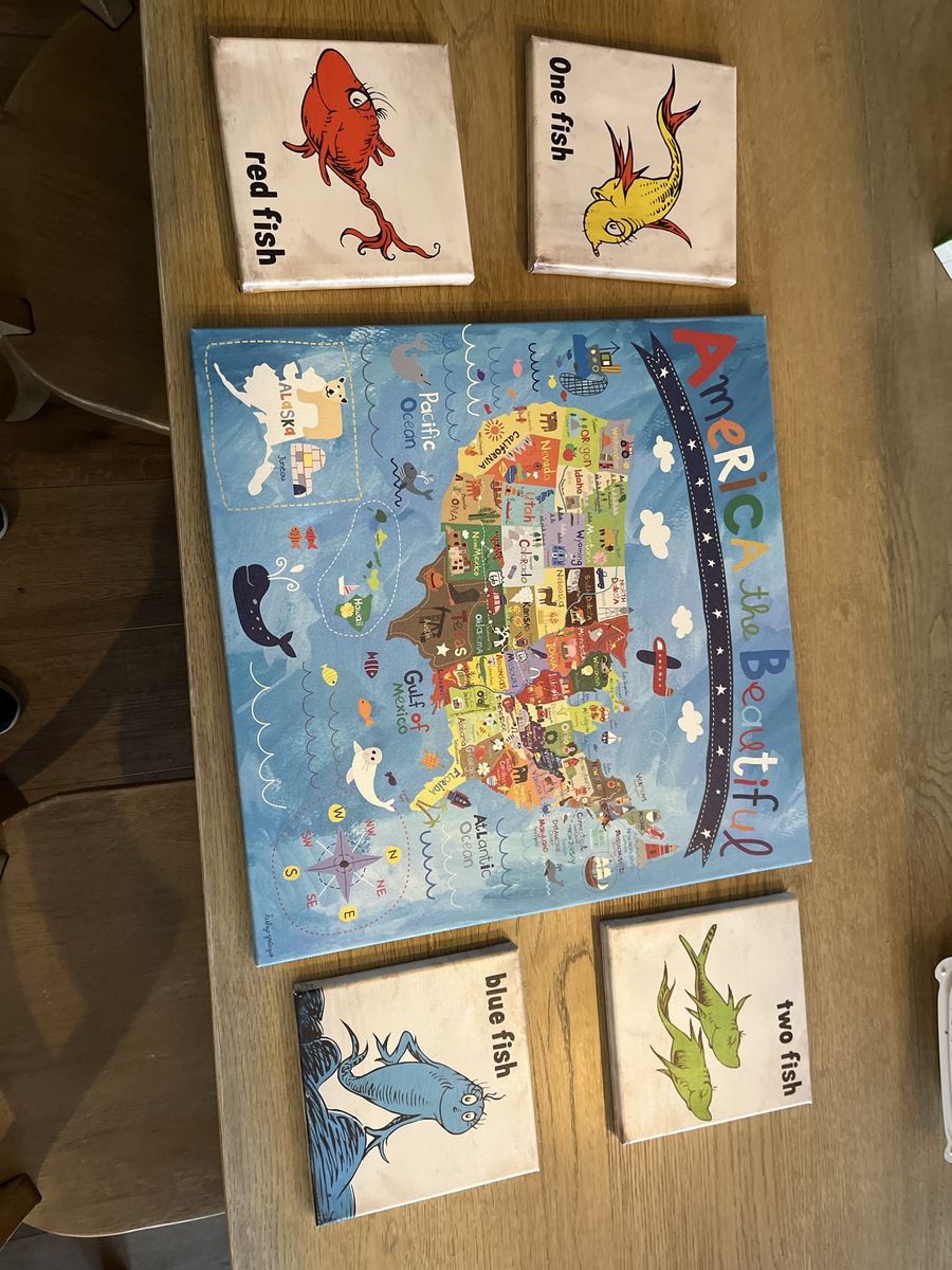 America the Beautiful USA Map Wall Art & Dr. Seuss One Fish Two Fish Red Fish Blue Fish Canvas Set