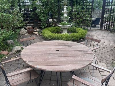 mid-century modern redwood/iron outdoor table and 4 chairs