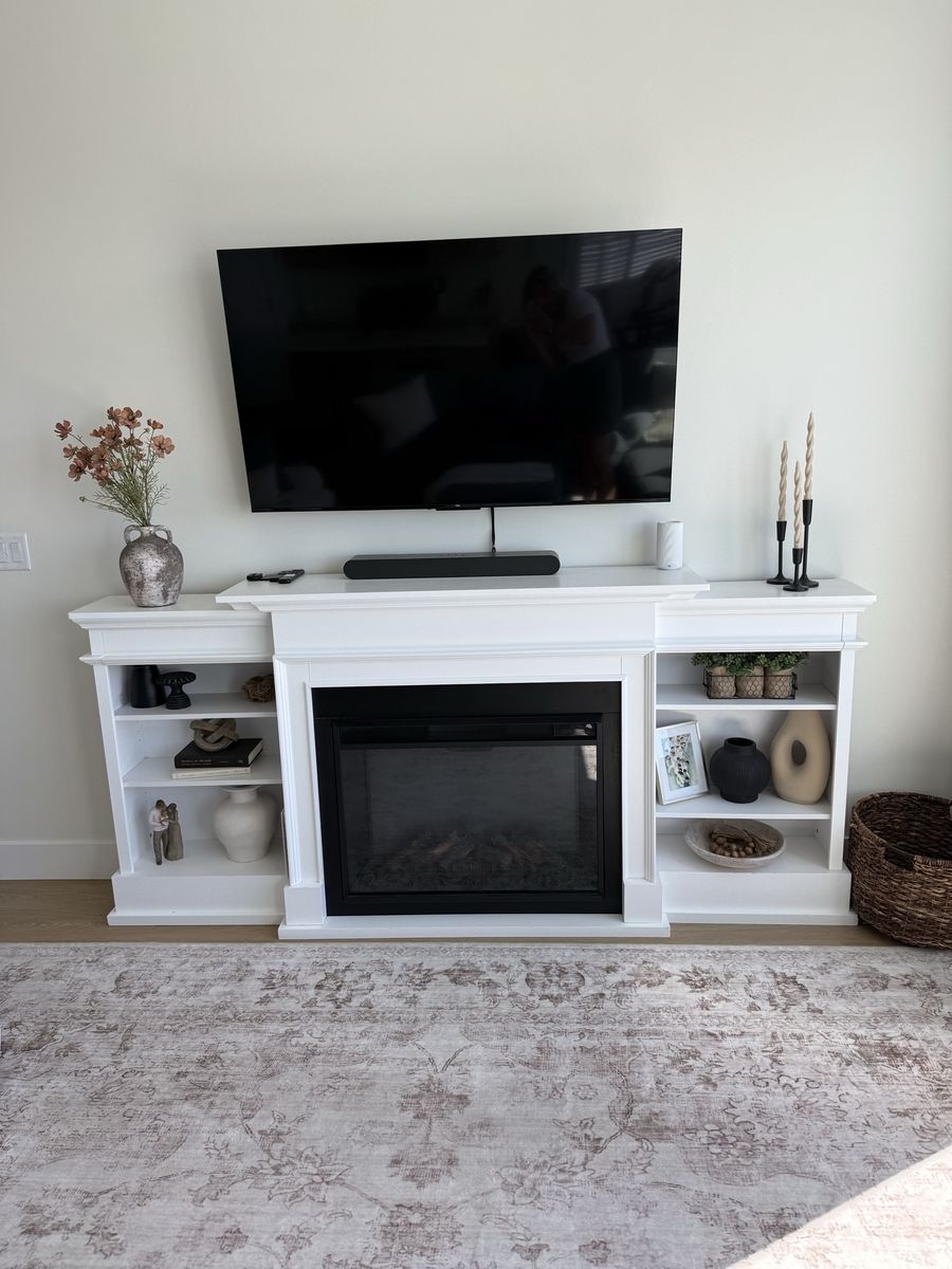 White Electric Fireplace TV Stand with Built-In Side Shelving