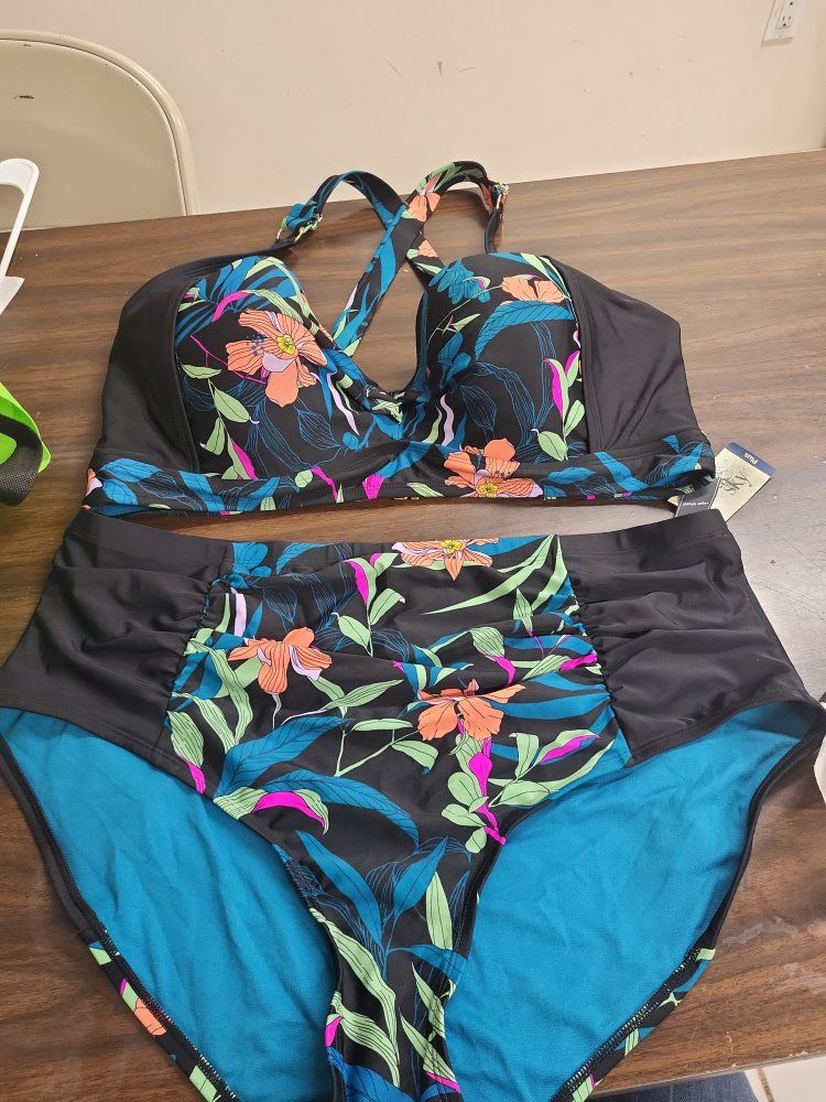 Terra & Sky Plus High Waist Bikini Bottom Floral Black 2X 20W-22W New with Tags